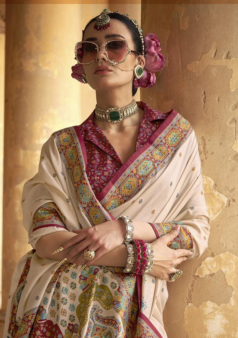 White Embroidered Silk Saree Set - Indya