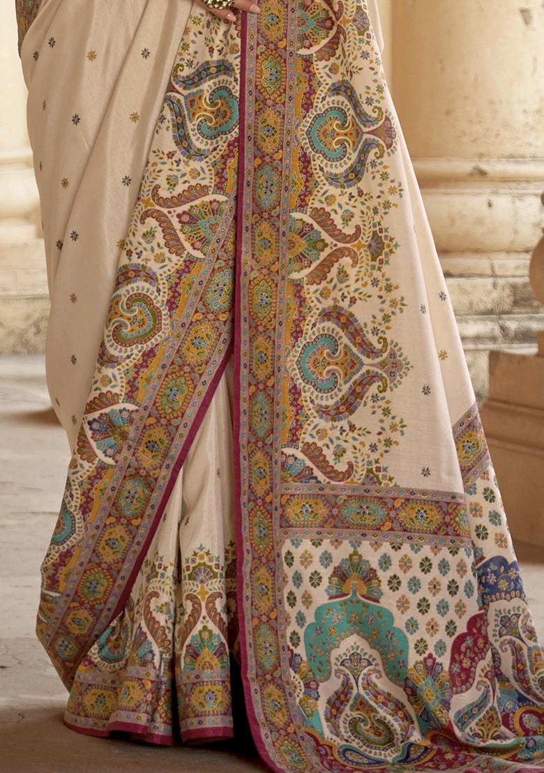 White Embroidered Silk Saree Set - Indya