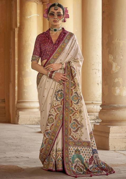 White Embroidered Silk Saree Set