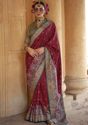 Maroon Embroidered Silk Saree Set