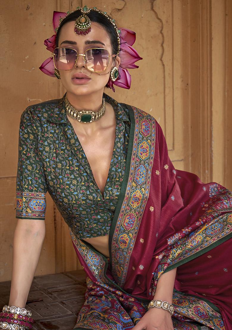 Maroon Embroidered Silk Saree Set - Indya