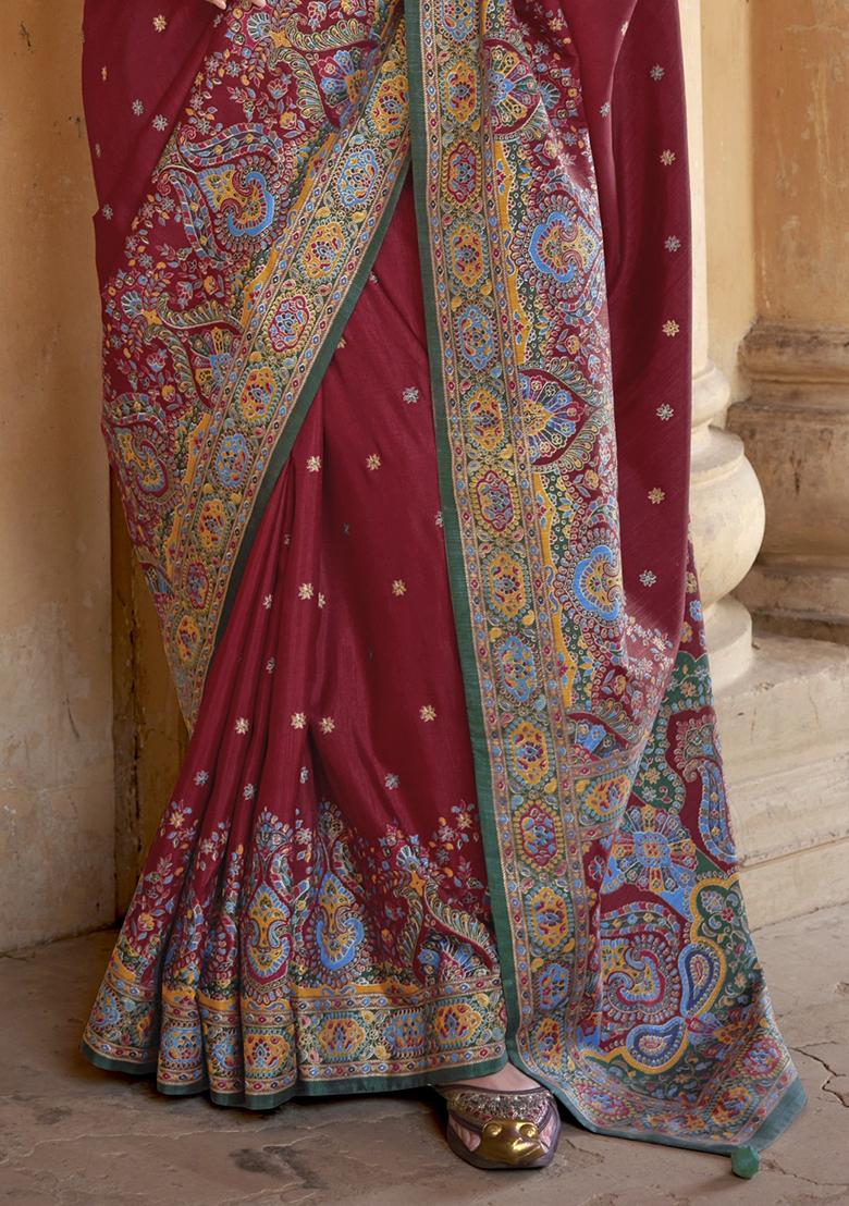 Maroon Embroidered Silk Saree Set - Indya