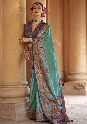 Blue Embroidered Silk Saree Set