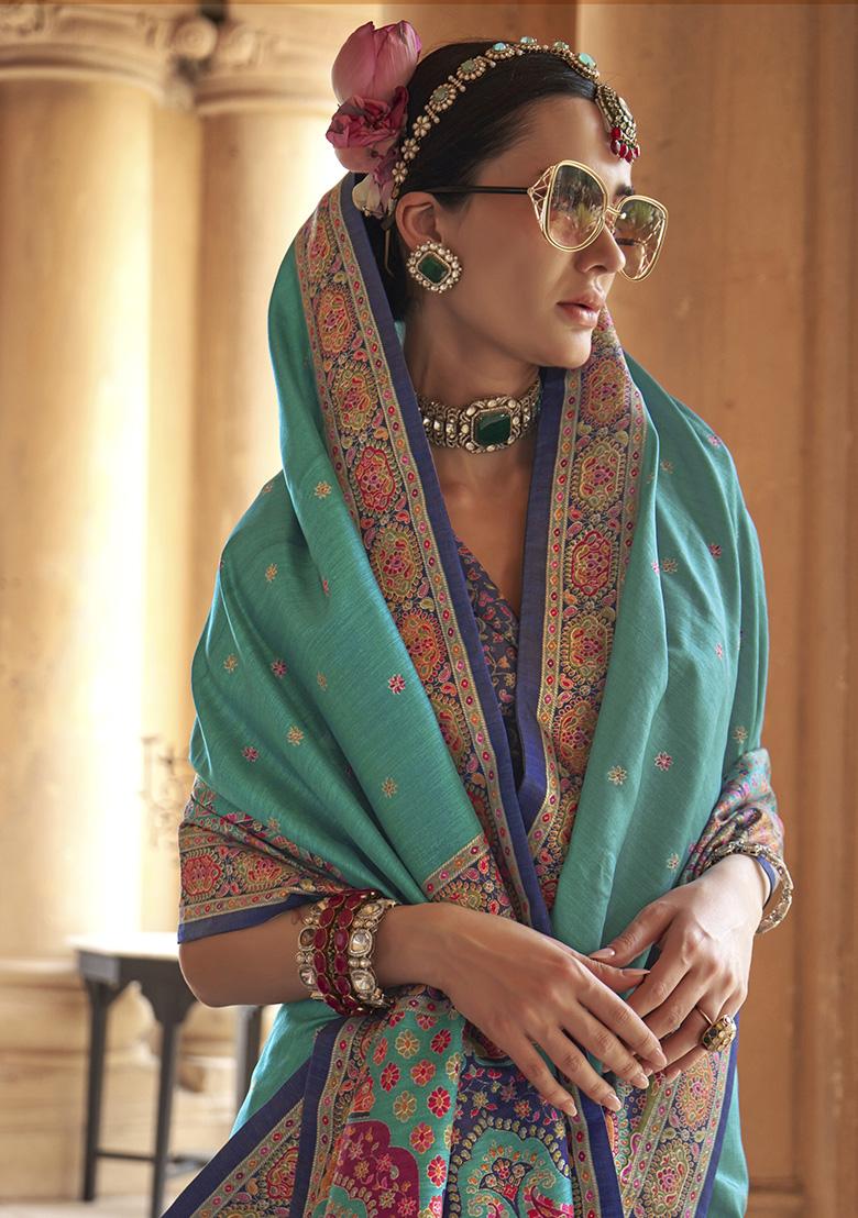 Blue Embroidered Silk Saree Set - Indya