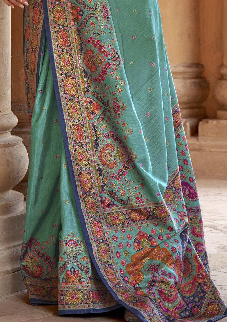 Blue Embroidered Silk Saree Set - Indya