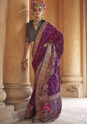 Purple Embroidered Silk Saree Set