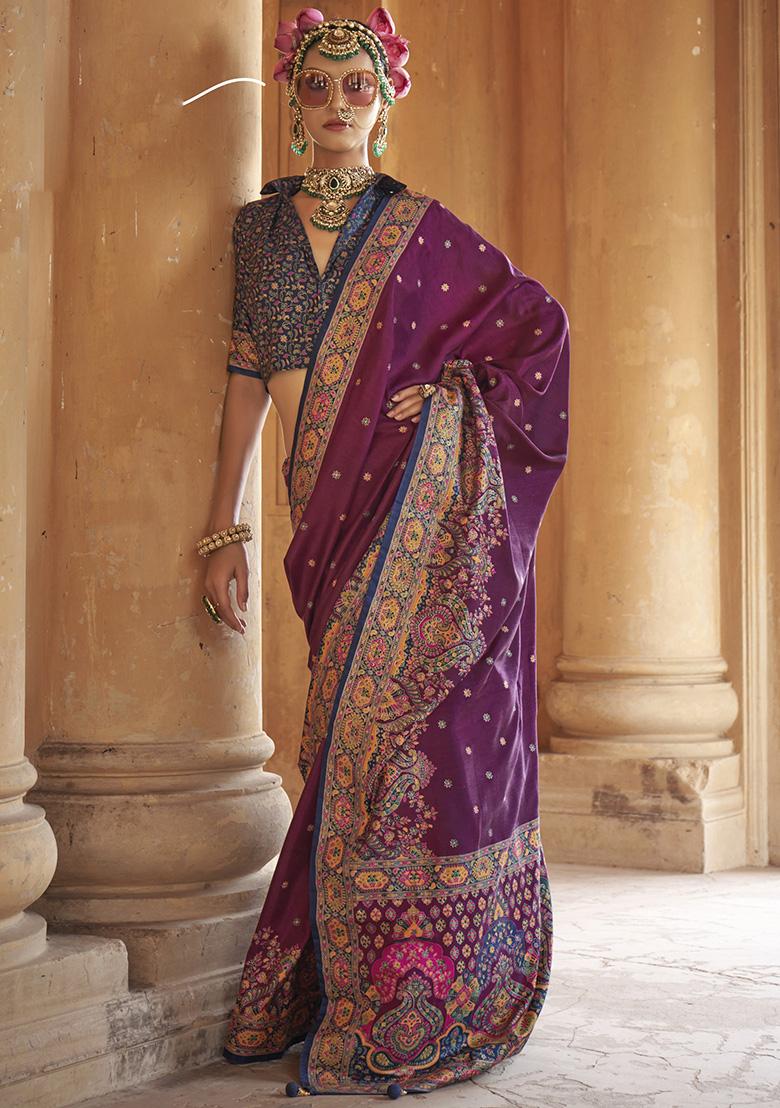 Purple Embroidered Silk Saree Set - Indya