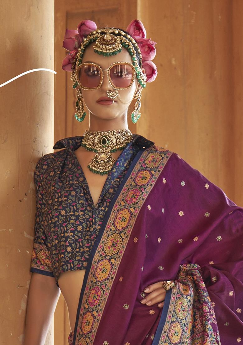 Purple Embroidered Silk Saree Set - Indya