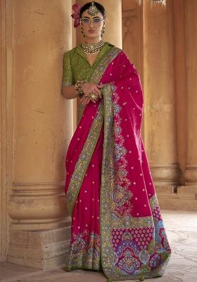 Purple Embroidered Silk Saree Set