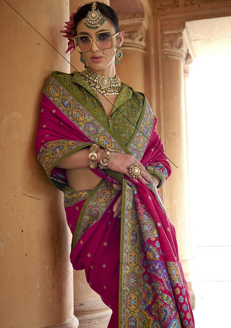 Purple Embroidered Silk Saree Set - Indya