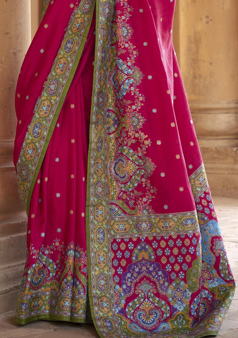 Purple Embroidered Silk Saree Set - Indya