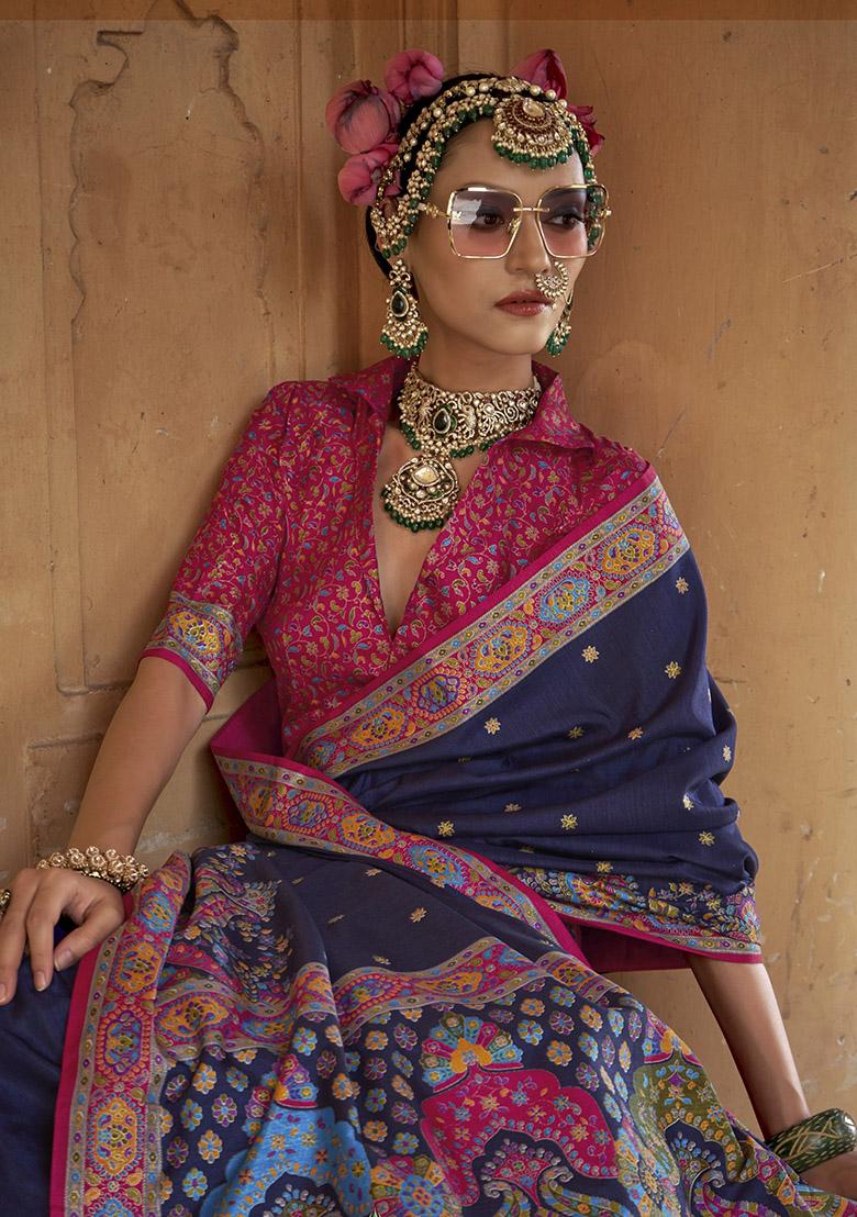 Blue Embroidered Silk Saree Set - Indya