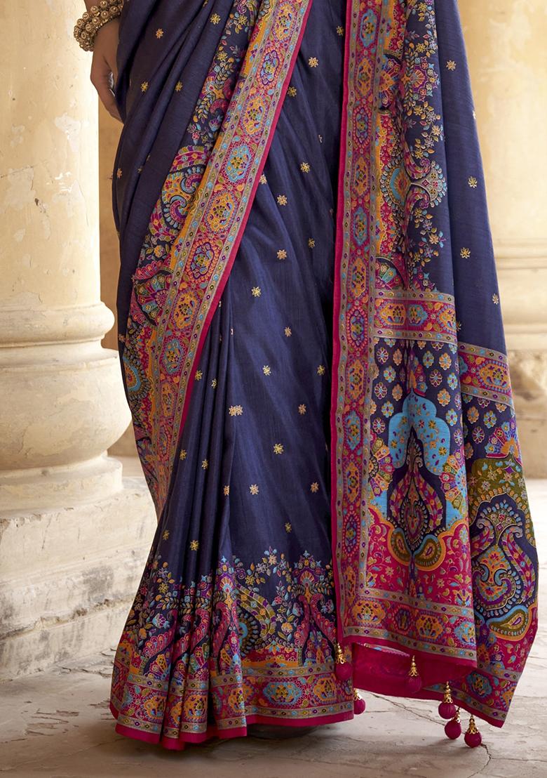 Blue Embroidered Silk Saree Set - Indya
