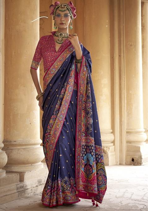 Blue Embroidered Silk Saree Set