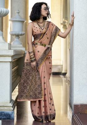 Peach Embroidered Silk Saree Set