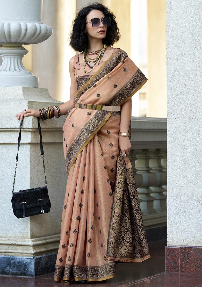 Peach Embroidered Silk Saree Set - Indya