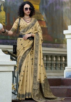 Brown Embroidered Silk Saree Set