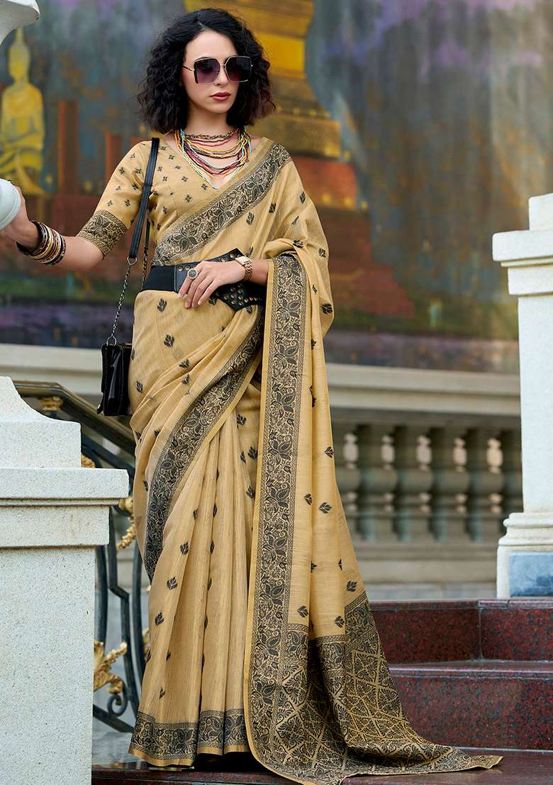 Brown Embroidered Silk Blend Saree Set - Indya