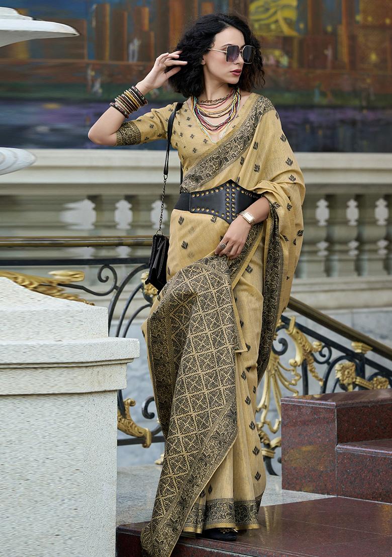 Brown Embroidered Silk Saree Set - Indya