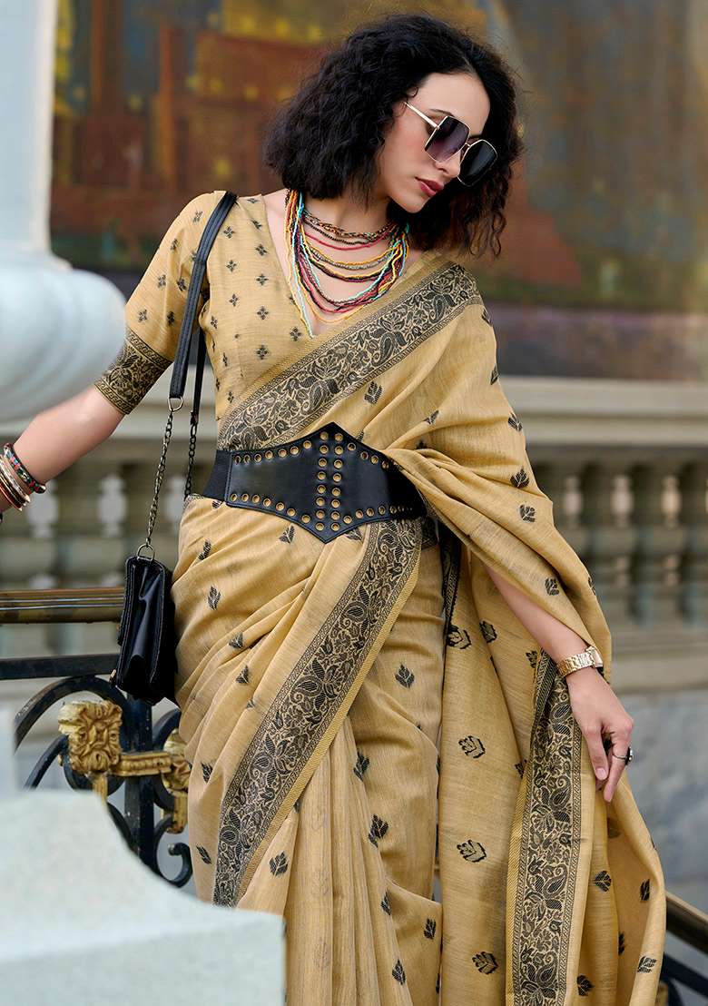 Brown Embroidered Silk Blend Saree Set - Indya