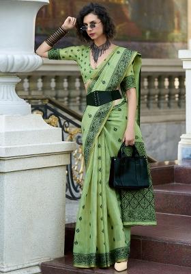 Green Embroidered Silk Saree Set
