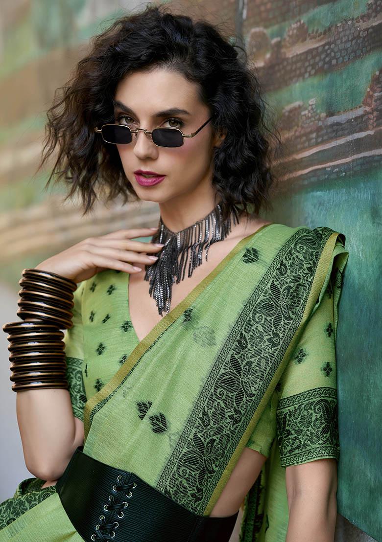 Green Embroidered Silk Saree Set - Indya