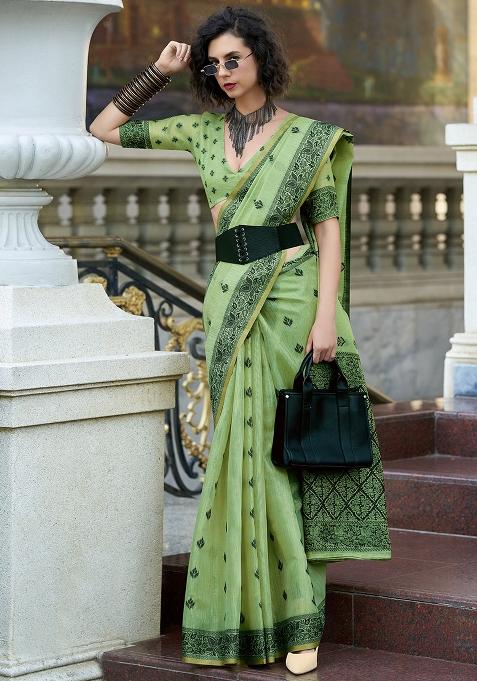 Green Embroidered Silk Saree Set