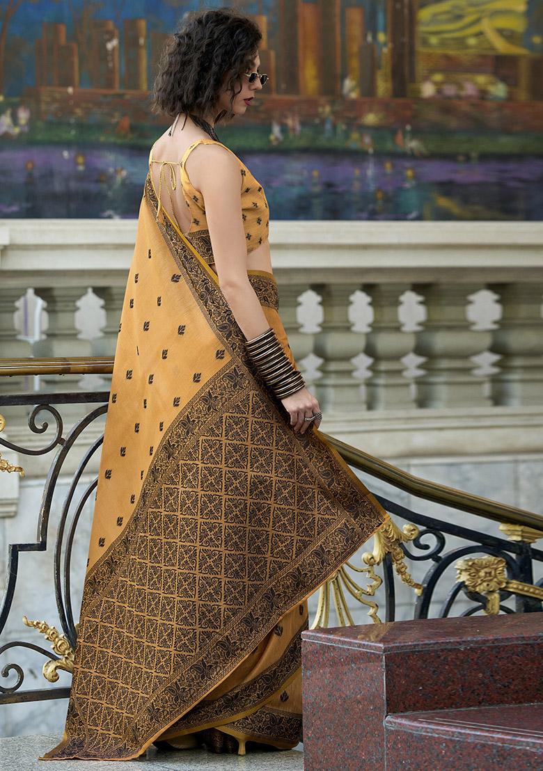 Orange Embroidered Silk Saree Set - Indya