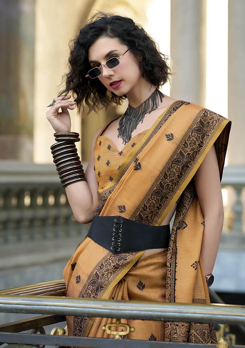 Orange Embroidered Silk Saree Set - Indya