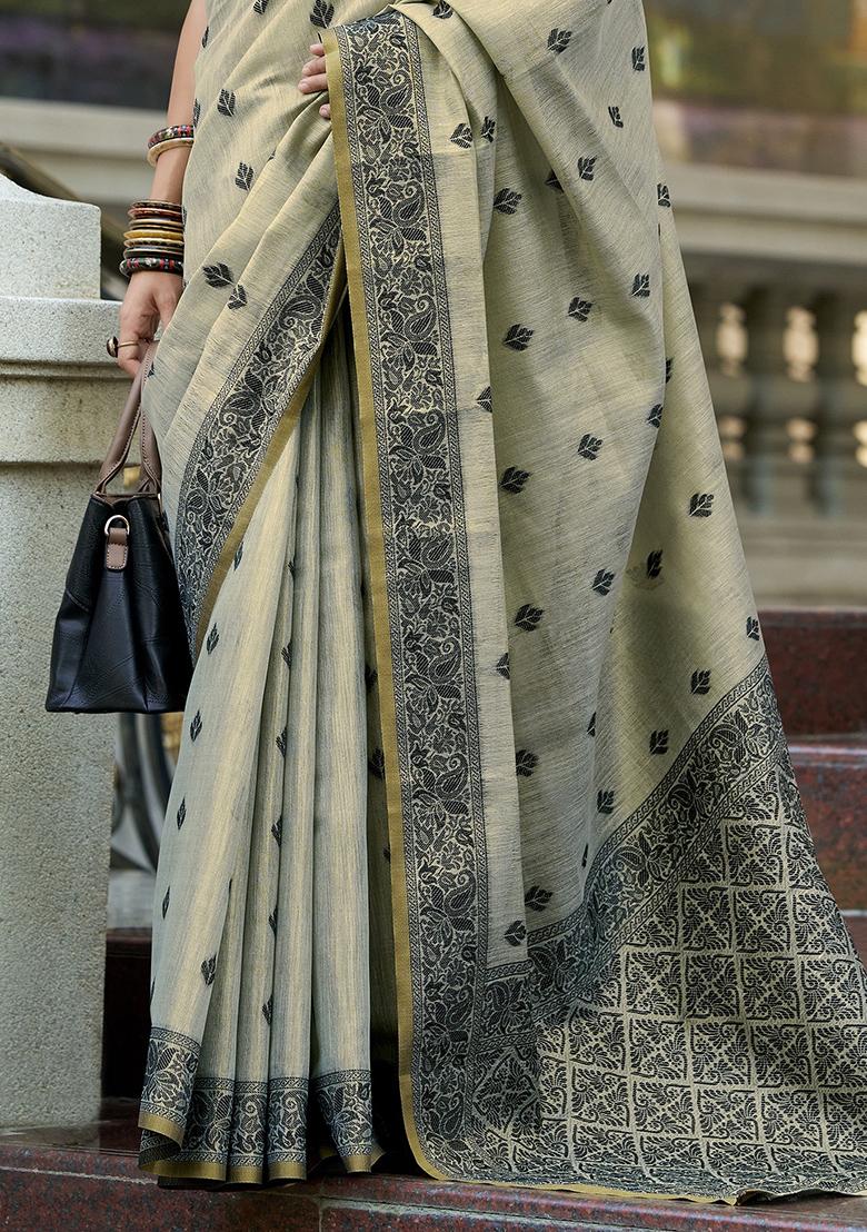 Green Embroidered Silk Saree Set - Indya