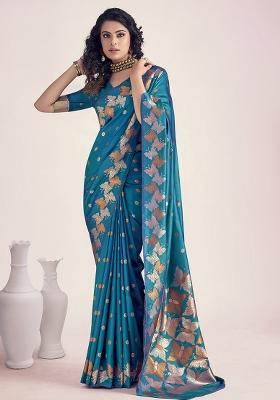Blue Embroidered Silk Saree Set