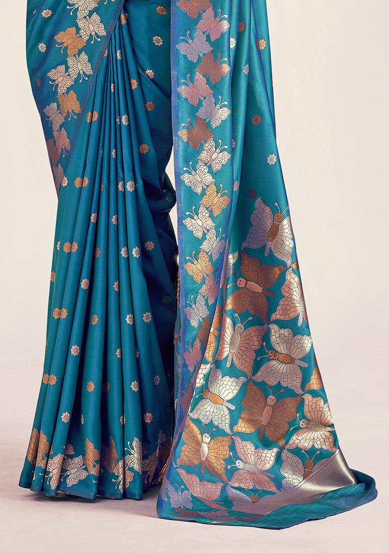 Blue Embroidered Silk Saree Set - Indya