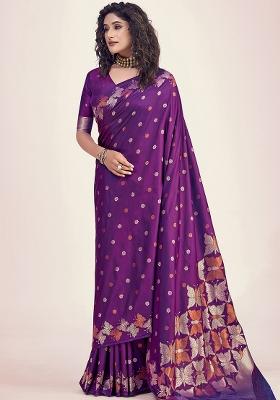 Purple Embroidered Silk Saree Set
