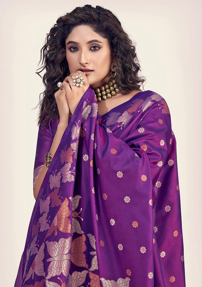 Purple Embroidered Silk Saree Set - Indya