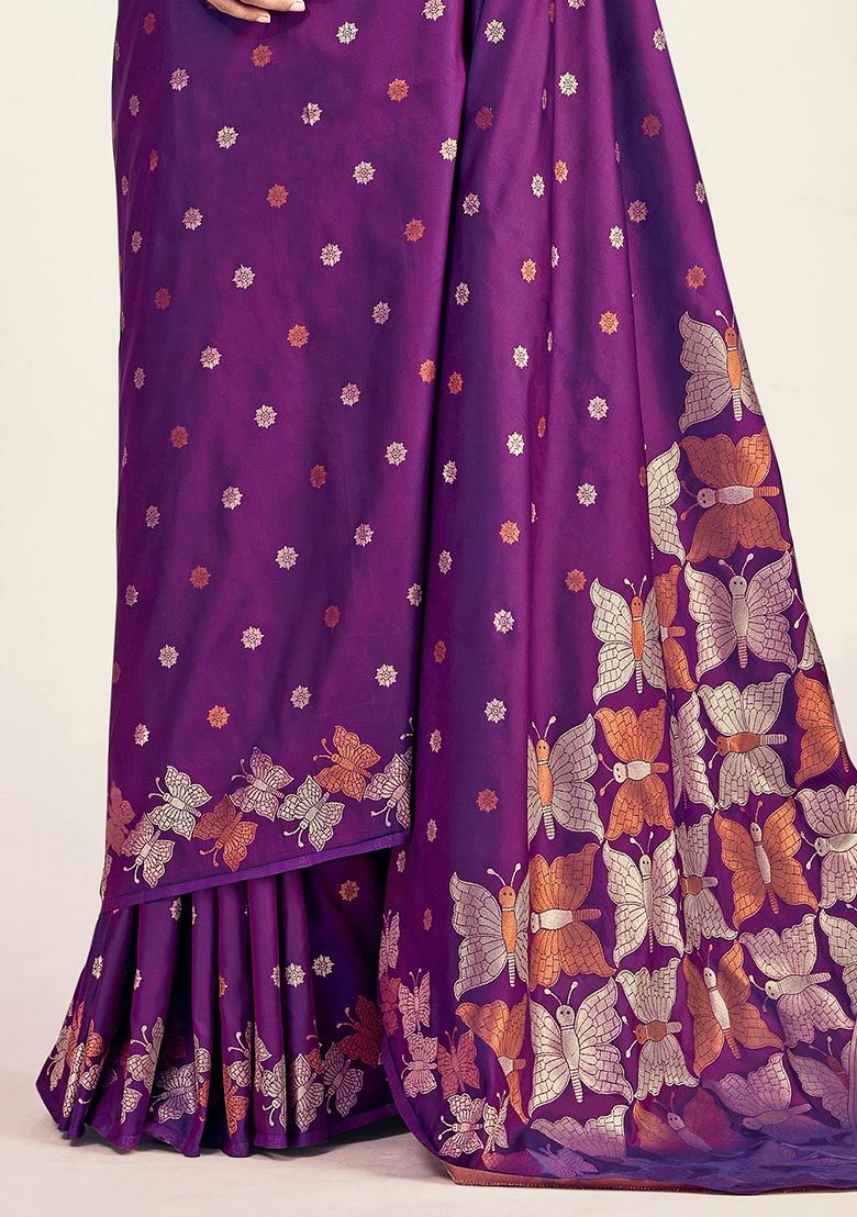 Purple Embroidered Silk Saree Set - Indya