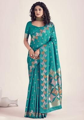 Blue Embroidered Silk Saree Set
