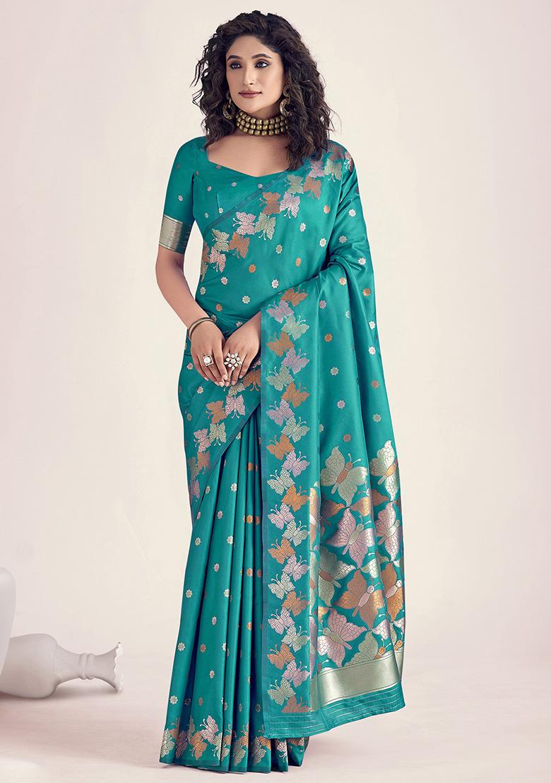 Blue Embroidered Silk Saree Set - Indya