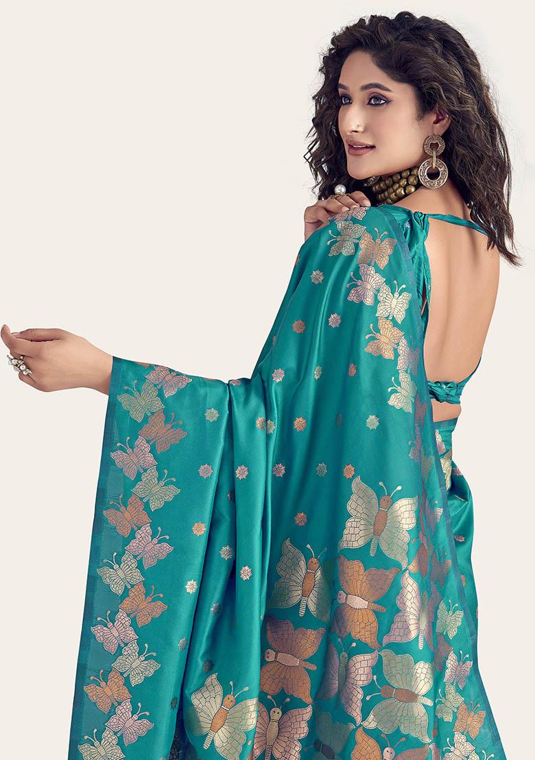 Blue Embroidered Silk Saree Set - Indya