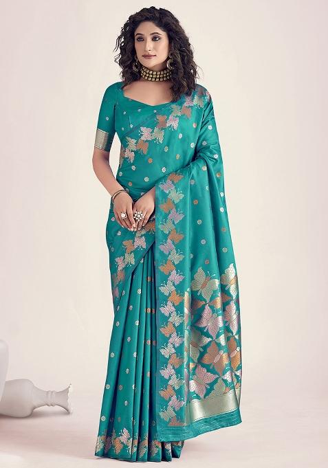 Blue Embroidered Silk Saree Set
