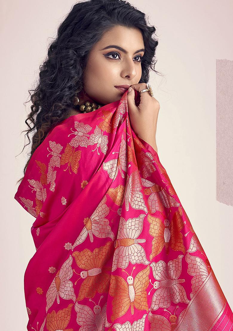 Purple Embroidered Silk Saree Set - Indya