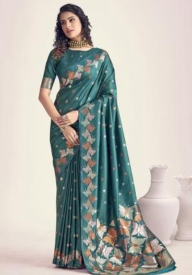 Blue Embroidered Silk Saree Set
