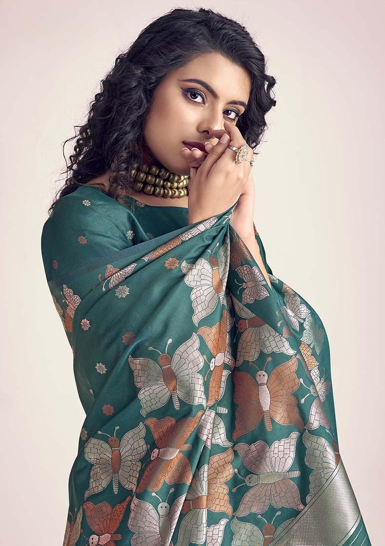 Blue Embroidered Silk Saree Set - Indya