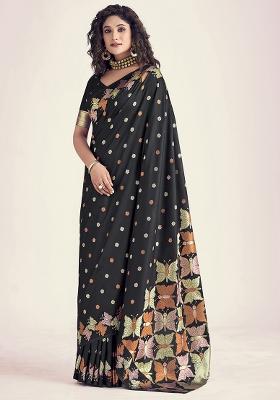 Black Embroidered Silk Saree Set