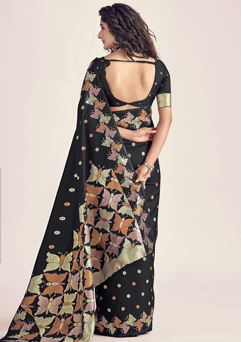 Black Embroidered Silk Saree Set - Indya
