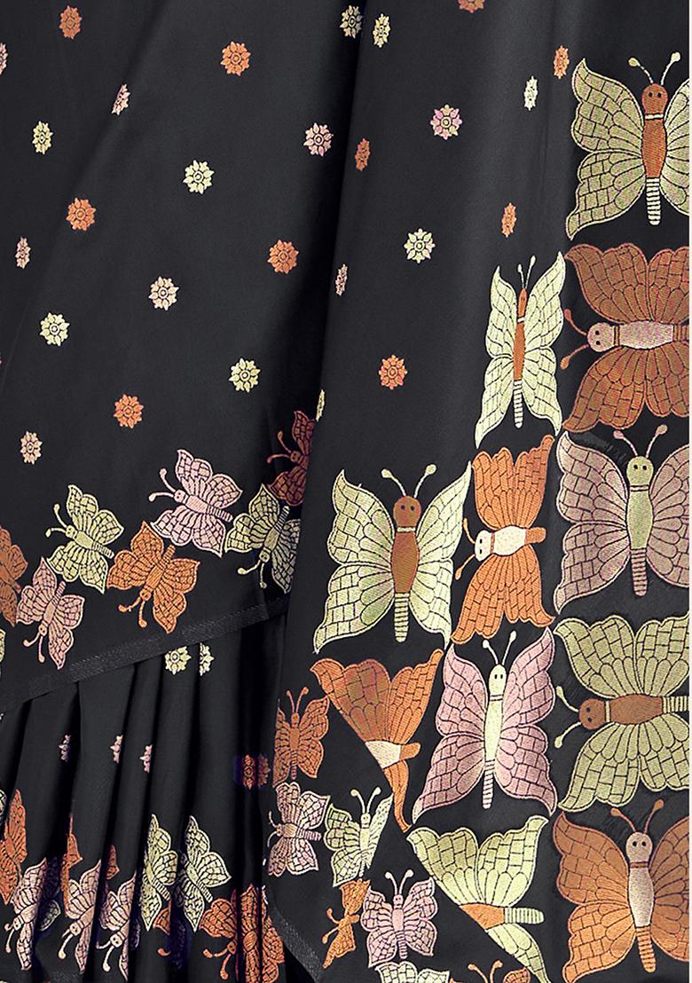 Black Embroidered Silk Saree Set - Indya