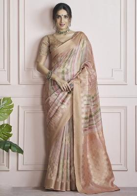 Peach Embroidered Silk Saree Set