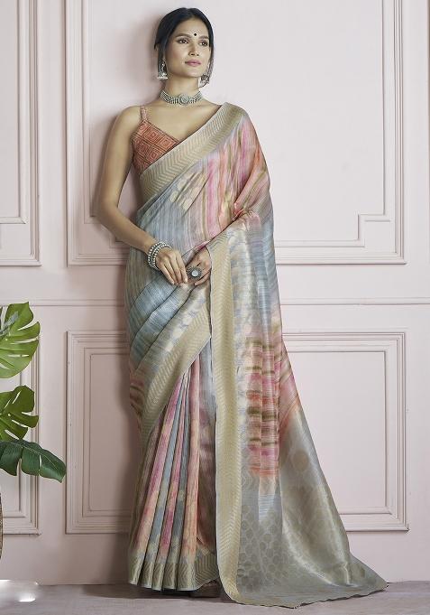 Blue Embroidered Silk Saree Set