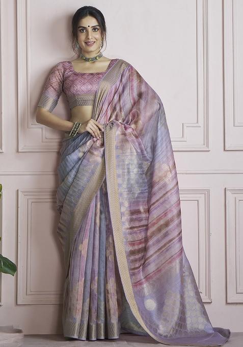 Purple Embroidered Silk Saree Set