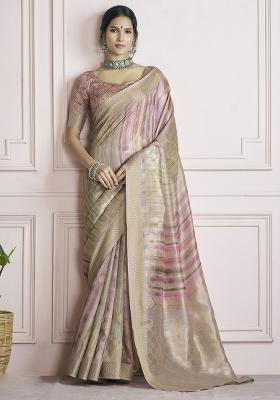Brown Embroidered Silk Blend Saree Set