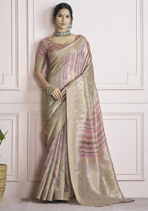 Brown Embroidered Silk Saree Set